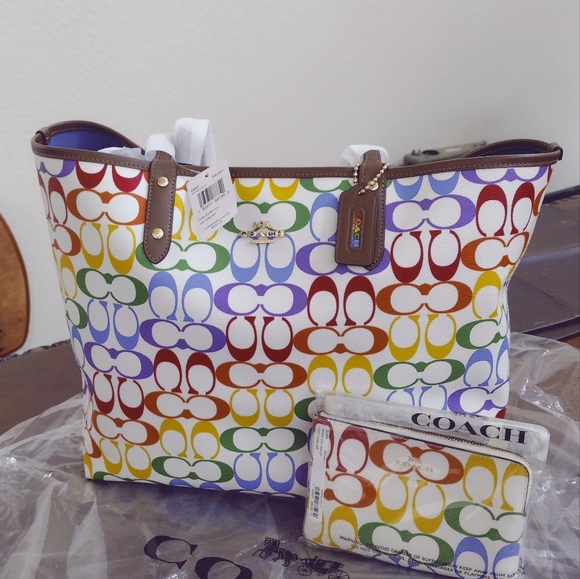 Coach Handbags - (NWT) City Tote & Wallet Set ~ Rainbow Signature Canvas